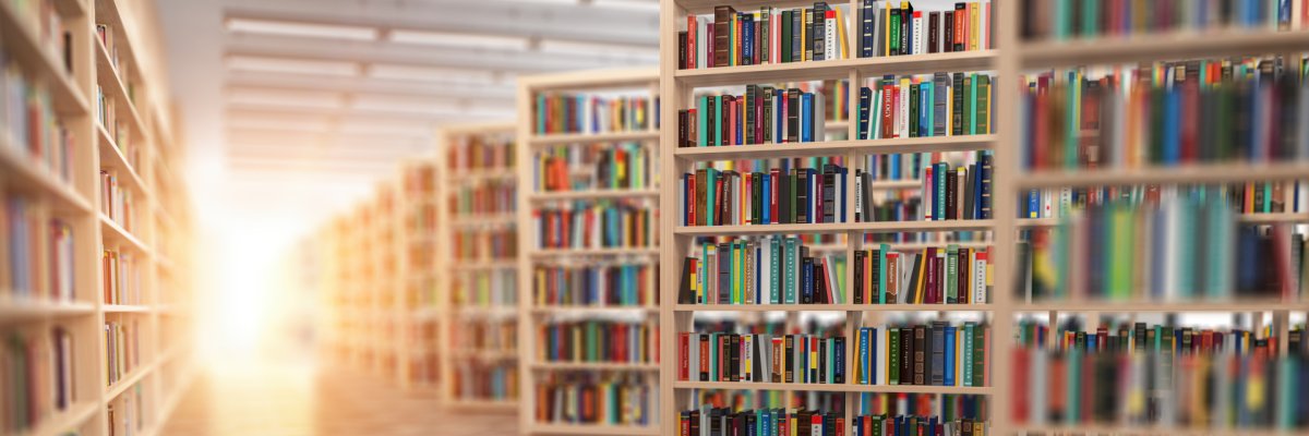 Library. Bookshelves with books and textbooks. Learning and education concept. 3d illustration