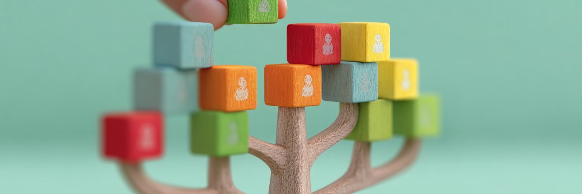 Wooden tree with colorful blocks, each showing a person icon, symbolizing team growth, network, or organizational structure. Concept represents human resources, connection, and collaboration Wooden tree with colorful blocks, each showing a person icon, symbolizing team growth, network, or organizational structure. Concept represents human resources, connection, and collaboration
